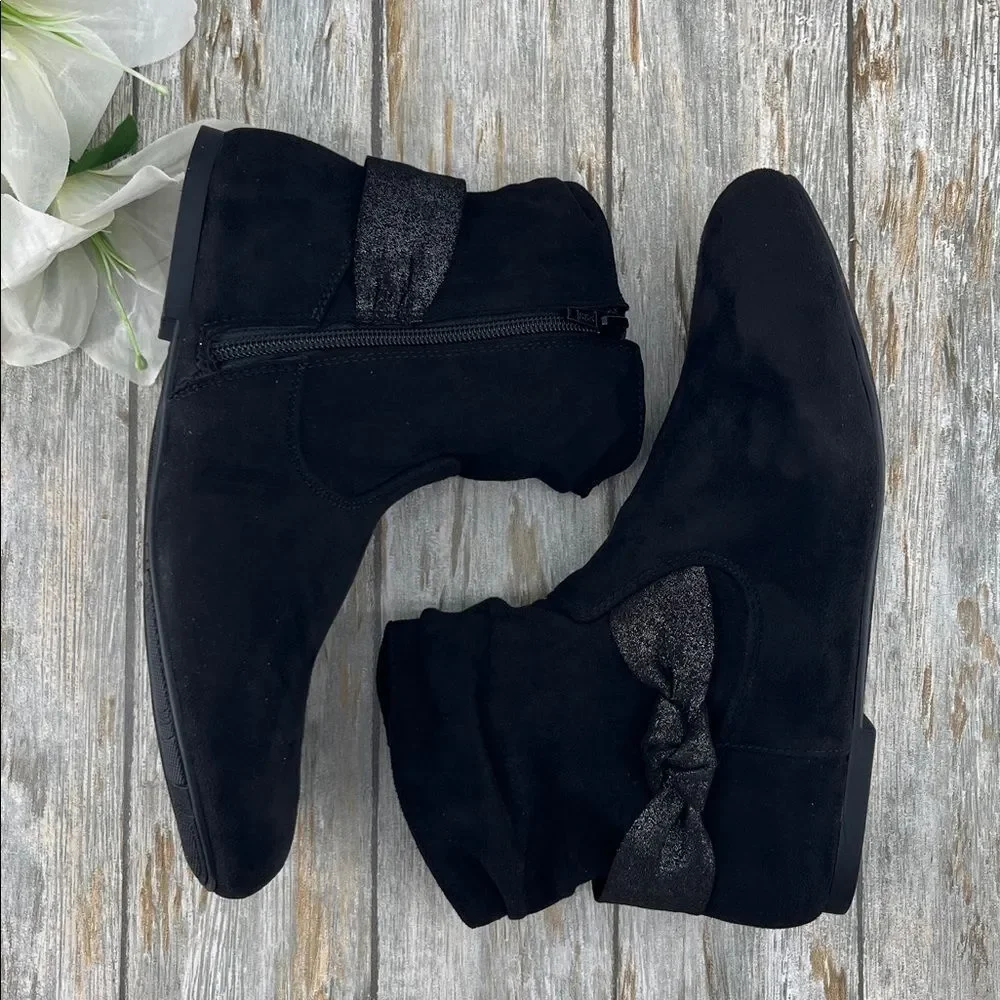 Big Girls Black Faux Suede Slouch Bow Ankle Boots Shoes Size 6
